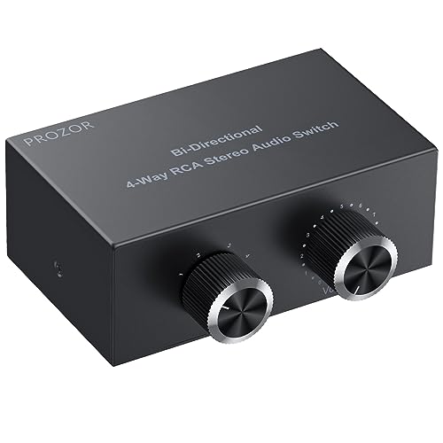 PROZOR Stereo Audio Schalter Cinch 4(1)-In-1(4)-Out RCA L/R Bidirektionaler Umschalter Stereo Audio Switch mit Lautstärkeregler und Umschalttaste für DVD Stereo Lautsprecher CD Player von PROZOR