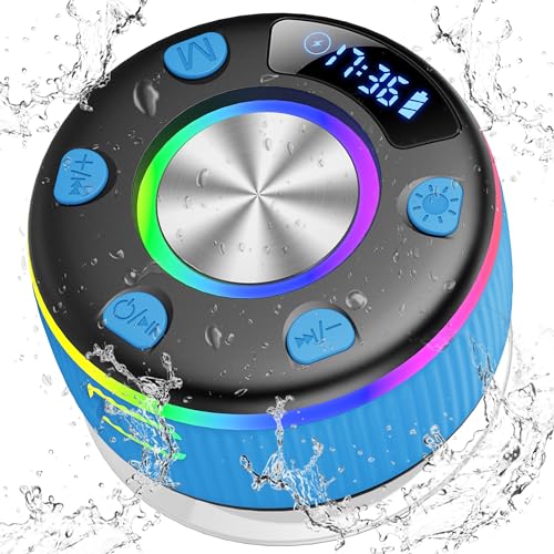 Bluetooth Lautsprecher, Musikbox Bluetooth Lautsprecher Dusche mit LED Licht, IP7 Wasserschutz Tragbarer Lautsprecher Shower mit Saugnapf, Stereo Sound, Wirless Speaker, FM, Freisprechfunktion, Blue von PRSCFUM