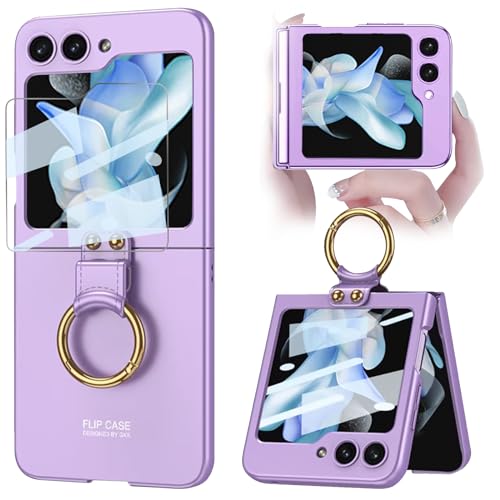 PRUDOM für Samsung Galaxy Z Flip 5 Hülle Ultra Dünn Matte PC Schutzhülle mit Ring, Hybrid 9H Glas All-Inclusive Kamera Lens Protector Case für Samsung Galaxy Z Flip 5 5G (Lila) von PRUDOM