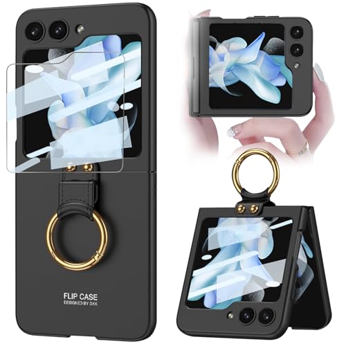 PRUDOM für Samsung Galaxy Z Flip 5 Hülle Ultra Dünn Matte PC Schutzhülle mit Ring, Hybrid 9H Glas All-Inclusive Kamera Lens Protector Case für Samsung Galaxy Z Flip 5 5G (Schwarz) von PRUDOM