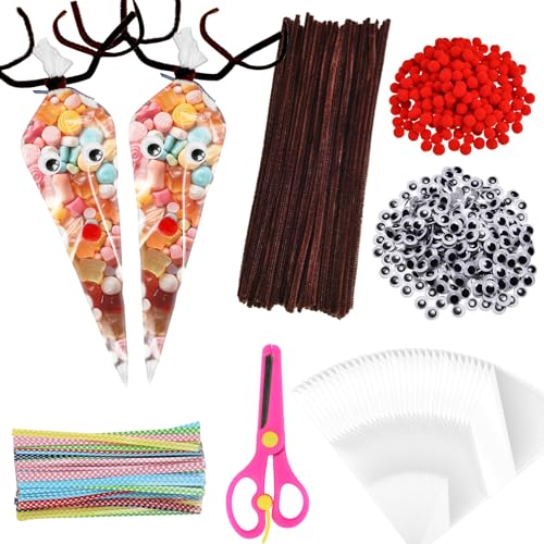 601 Stück Transparent Spitztüten Pfeifenputzer Set mit 100 Stück Weihnachten Süßigkeiten Tüten, 100 Stück Cellophantüten Rote Pom Poms Braun Pfeifenreiniger Wackelaugen Bindebänder Schere für Bonbons von PRZRAO