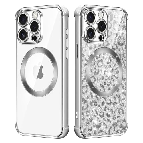 PSIOXY Magnetische Klar für iPhone 15 Pro Max Hülle Kompatibel mit Magsafe Glitzer Silber Leopard Muster Design für Frauen Mädchen Männer Weiche TPU Galvanisierte Handyhülle für iPhone 15 Pro Max von PSIOXY