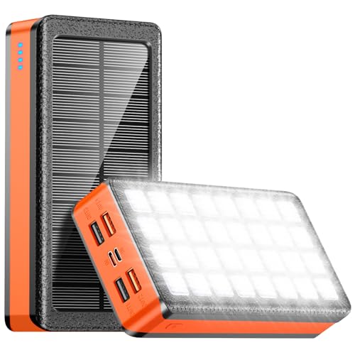 Solar Powerbank 26800mAh 5 Ausgänge 2 Eingänge Solarladegerät 22.5W QC3.0 Schnellladung Tragbares Ladegerät with 32 LED-Licht Handy Akkupack für Smartphones Tablets und Camping Outdoor von PSOOO