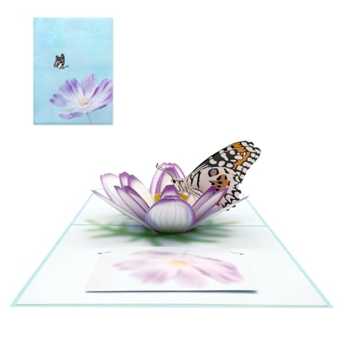 PSOWQ 1 pcs Pop-Up-Karte Schmetterlinge und Blumen - 3D Blumen-Grußkarten für Frau, Freundin und Mutter - Verwendung als Geburtstagskarte, Wunschkarte, Genesungskarte, Dankeskarte(Pink Lila) von PSOWQ
