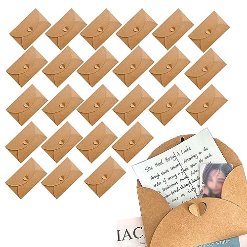 PSOWQ 25 Mini Briefumschläge Mini Kraftpapier mit Karten Vintage Mini Kraftpapier Umschläge Blanko Kärtchen kleine briefumschlägemit Herz Verschluss für Geschenkkarten DIY Dankeskarten von PSOWQ