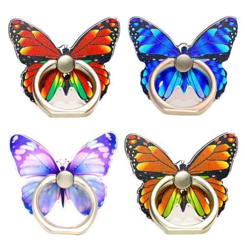PSOWQ Schmetterlings Handy Ring Ständer bunt niedliches Schmetterlingsmuster bemalter Fingerständer 360° drehbarer Handy Ringhalter Handy Ring mit Knaufschlaufe(4 pcs, lila, blau, orange, rot) von PSOWQ