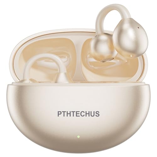 PTHTECHUS Kabellose Bluetooth-Kopfhörer mit Clip, Sport-Kopfhörer, 12 mm, Membranen mit ENC, 30H-Wiedergabe, IPX5, kompatibel mit iOS Android 5.4, Open-Ear, kristallklare Anrufe (glänzendes Gold) von PTHTECHUS