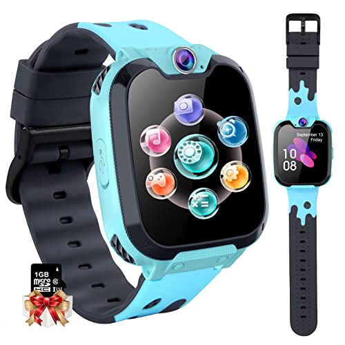 PTHTECHUS Kinder Smartwatch Telefon - Smartwatch Kinder Uhr Telefon Anruf Mit SOS Schrittzähler Videorecorder Taschenlampe MP3-Musik 7 Spiele Wecker, Geschenke für Mädchen von 6-10 Jahren, Blue von PTHTECHUS