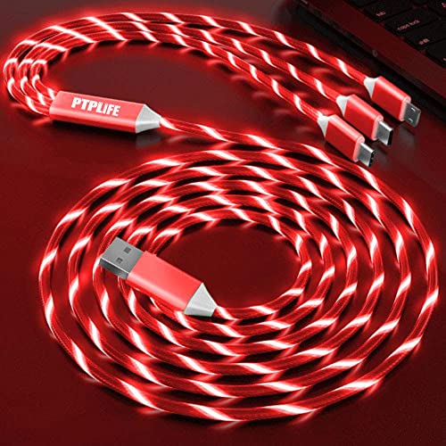 3 in 1 LED USB Kabel, Multi 1.2M fließend USB Ladekabel Leuchtendes LED Licht Handy Ladekabel Micro USB Typ C Lighting,Huawei P10 P20,i-Product 6-XR und mehr (Rot) von PTPLIFE