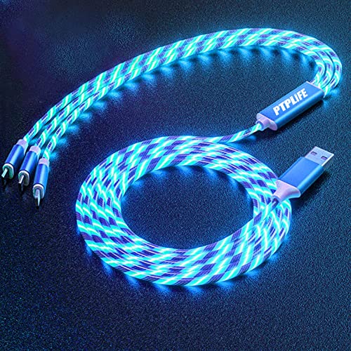 Led fließende USB Kabel,1.2M fließendem Licht Ladekabel Multi 3in1 USB Leuchtendes Ladekabel Kompatibel mit Micro-USB TypeC für Phone, Samsung Galaxy, Huawei und Mehr (Blau) von PTPLIFE