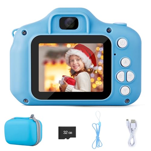 Kinderkamera inkl.Tragetasch Digitalkamera Spielzeug für 3-10 Jahre Mädchen Junge Geburtstag Weihnachten Geschenk 1080P HD 32GB SD-Karte Kamera Kinder Fotoapparat (Blue) von PTUI