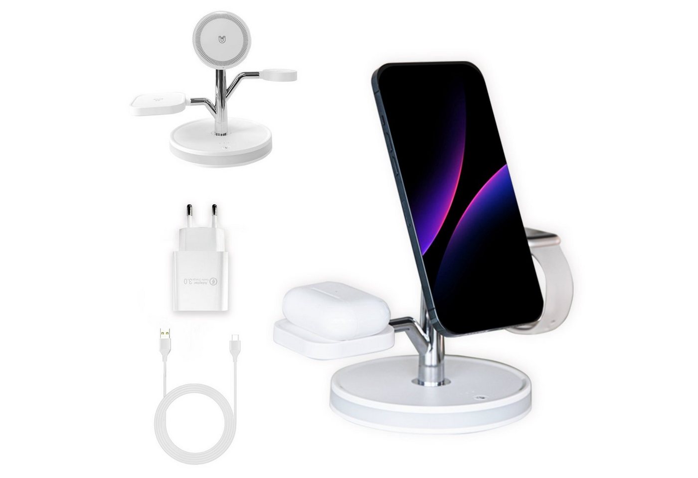 PUCHIKA 4 in 1 Induktive Ladestation für iPhone AirPods Apple Watch MagSafe Wireless Charger (inkl. 18W/QC 3.0 Schnelllade-Adapter und Typ-C-Ladekabel) von PUCHIKA