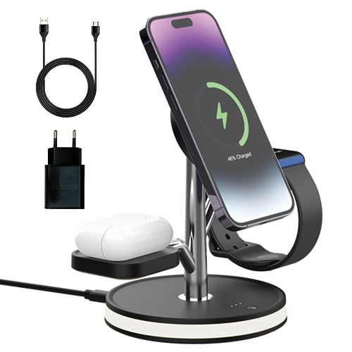 PUCHIKA 4 in 1 Wireless Charger, Kabelloses Ladegerät mit MagSafe für iPhone14/13/12/Pro, Induktive Ladestation für Apple Watch 8/7/6/5/4/3/2/SE, Magnetic Stand for AirPods 3/2/Pro (Schwarz) von PUCHIKA