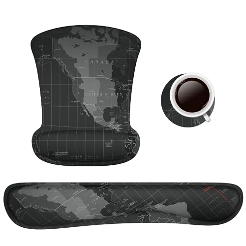 4-in-1 Tastatur-Mauspad-Set, Handgelenkauflage, ergonomisches Gel-Mauspad & Memory-Schaum-Tastatur-Set, rutschfeste Gummi-PU-Unterseite, Mauspad für Büro, schwarze Weltkarte von PULAIXIN