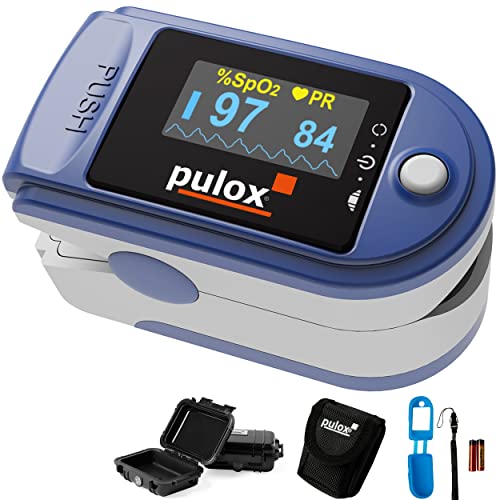 Pulsoximeter Pulox PO-200 Set in Blau zur Messung von Sauerstoffsättigung, Puls und PI am Finger inkl. Hardcase, Schutzhülle, Batterien und Trageband von PULOX