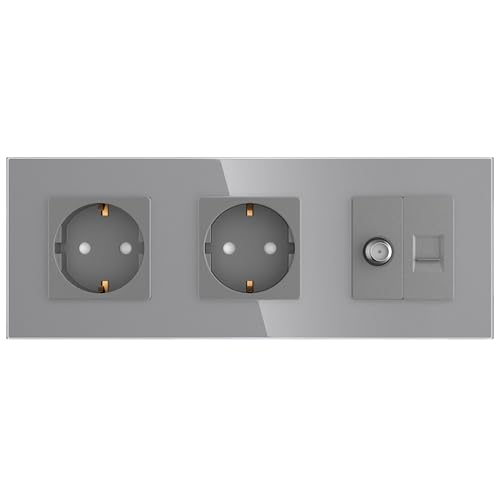 PULSAR Sat Anschlussdose/Netzwerkdose/Doppelsteckdose Unterputz 3 Fach Grau mit Glas Rahmen, Antennendose und CAT5E RJ45 8P8C Ethernet Buchse SAT/Netzwerk Dose/Steckdose Kombination PULSAR Sat Anschlussdose/Netzwerkdose/Doppelsteckdose Unterputz 3 Fach Grau mit Glas Rahmen, Antennendose und CAT5E RJ45 8P8C Ethernet Buchse SAT/Netzwerk Dose/Steckdose Kombination von PULSAR