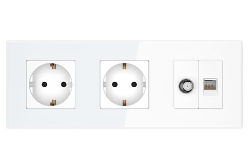 PULSAR Sat Anschlussdose/Netzwerkdose/Doppelsteckdose Unterputz 3 Fach Weiß mit Glas Rahmen, Antennendose und CAT5E RJ45 8P8C Ethernet Buchse SAT/Netzwerk Dose/Steckdose Kombination PULSAR Sat Anschlussdose/Netzwerkdose/Doppelsteckdose Unterputz 3 Fach Weiß mit Glas Rahmen, Antennendose und CAT5E RJ45 8P8C Ethernet Buchse SAT/Netzwerk Dose/Steckdose Kombination von PULSAR
