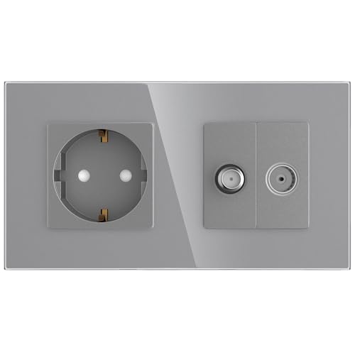 PULSAR Sat Kabel Dose Unterputz mit 2-Fach Rahmen aus Glas Grau Kabel/SAT Anschlussdose Antennendose TV Dose Unterputz TV SAT Kabel Kombination von PULSAR