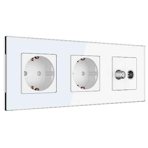 PULSAR Sat/Kabel TV-Dose mit 2 Steckdosen 3-Fach Glas Weiß, Steckdose x2 mit Kabel Anschlussdose und SAT UP Dose/Antennendose, TV SAT/Kabel/Steckdose x2 Kombination PULSAR Sat/Kabel TV-Dose mit 2 Steckdosen 3-Fach Glas Weiß, Steckdose x2 mit Kabel Anschlussdose und SAT UP Dose/Antennendose, TV SAT/Kabel/Steckdose x2 Kombination von PULSAR