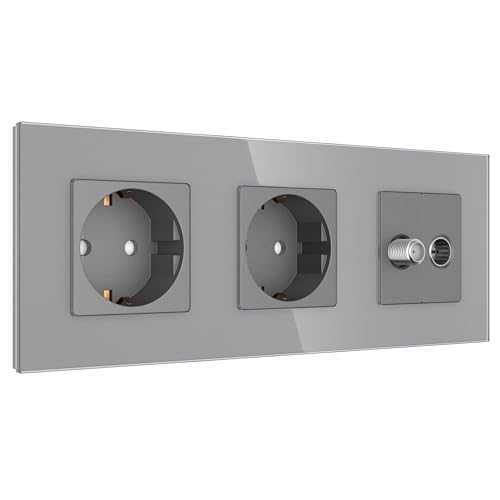 PULSAR Sat Kabel Dose Unterputz mit 2 Steckdosen 3-Fach Grau Glas, Steckdose x2 mit SAT UP Dose/Antennendose und Kabel Anschlussdose PULSAR Sat Kabel Dose Unterputz mit 2 Steckdosen 3-Fach Grau Glas, Steckdose x2 mit SAT UP Dose/Antennendose und Kabel Anschlussdose von PULSAR