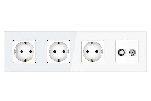 PULSAR Sat Kabel Dose Unterputz mit 3 Steckdosen 4-Fach Glas Weiß, Steckdose x3 mit Kabel Anschlussdose und SAT UP Dose/Antennendose, TV SAT/Kabel/Steckdose x3 Kombination von PULSAR