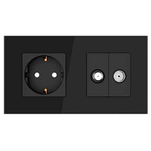 PULSAR Steckdose mit Antennendosen TV Sat Kabel mit 2-Fach Rahmen aus Glas Schwarz Satellitenkabel Dose Unterputzsteckdose TV SAT Kabel Kombination von PULSAR