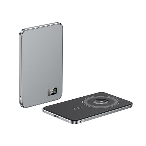 PULSE® Externer Akku, kabellos, magnetisch, 5000 mAh, schnelles Aufladen für iPhone und Samsung, kompatibel mit MagSafe, Induktion, LED-Display, kompaktes und leichtes Design von PULSE