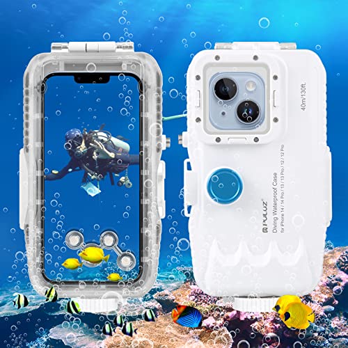 PULUZ Dive Case für iPhone 14/14 Pro/13/13 Pro/12/12 Pro, PC+Glas Gehäuse Unterwasserfotografie Gehäuse [40 m/131 ft] mit Einwegventil/Foto/Video/Unterwassergehäuse, weiß. von PULUZ