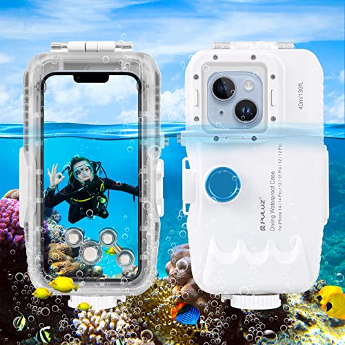 PULUZ Upgrade One-Way Valve Diving Case for iPhone 15 Pro / 14/14 Pro / 13/13 Pro / 12/12 Pro Waterproof Housing,40m/130ft Underwater PC Material IP68 Waterproof Shockproof Dustproof White von PULUZ