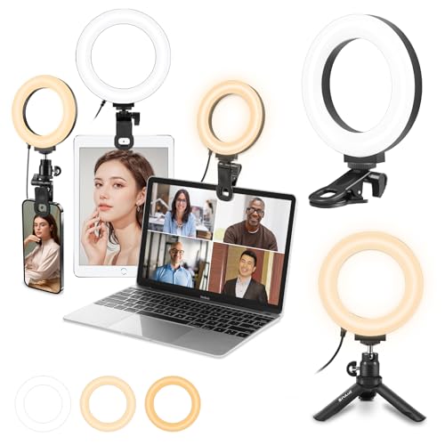PULUZ Ringlicht PC mit Clip & Stativ 5 Zoll Videokonferenz Licht Dimmbares 3 Lichtfarben+Helligkeit 10-stufiges Videolicht 3200-6500k für iPhone, iPad, Laptop, Camera von PULUZ