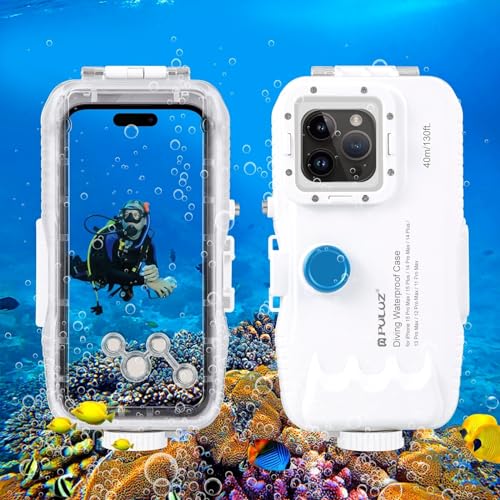 PULUZ Wasserdichte Tauchhülle für iPhone 15 Pro Max/15 Plus/14 Plus/14 Pro Max/13 Pro Max/13 Pro Max/12 Pro Max/zum Surfen, Schnorcheln, schwimmende Foto-Videoaufnahmen, Unterwassergehäuse, Weiß, 40 m von PULUZ