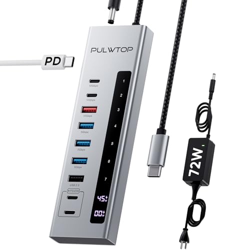 PULWTOP Powered USB C Hub, 10-in-1 USB-C Hub mit 3 x USB A/C 10 Gbit/s, 3 x USB-A 5 Gbit/s, USB A 2.0, 100 W USB-C PD-Eingang, 2 x 24/45 W USB-C PD Ladedaten-Hub für PC/Laptops (72W Adapter Included) PULWTOP Powered USB C Hub, 10-in-1 USB-C Hub mit 3 x USB A/C 10 Gbit/s, 3 x USB-A 5 Gbit/s, USB A 2.0, 100 W USB-C PD-Eingang, 2 x 24/45 W USB-C PD Ladedaten-Hub für PC/Laptops (72W Adapter Included) von PULWTOP