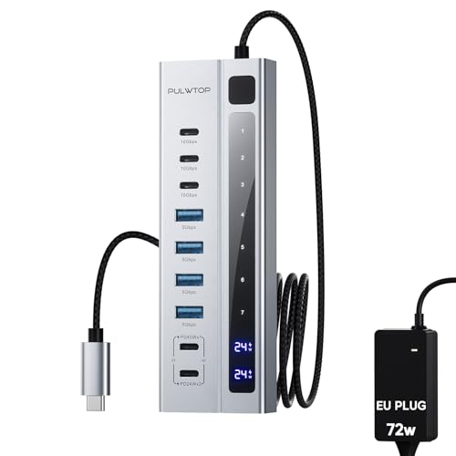 PULWTOP USB C 3.2 Hub Aktiv mit Netzteil, 9-in-1 USB 3.2 Hub mit 3 * 10 Gbit/s Daten,4*USB A 3.1 Data Hub und 2*PD 45 W Aufladung (Nicht unterstützt Video & Daten) 72W Adapter von PULWTOP