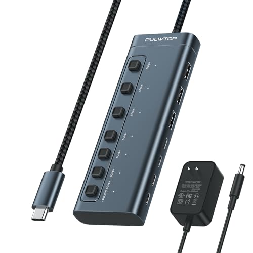 PULWTOP USB C Hub Aktiv mit 36 W, 7-Ports Powered USB 3.1 Hub mit USB-A/C-Datenanschlüssen und individuellem EIN-/Ausschalter, Multi-USB-Splitter Wird mit 1 intelligenten PD20W zum Aufladen von PULWTOP