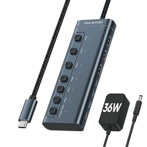 PULWTOP USB C Hub Aktiv mit 36 W, 7-Ports Powered USB 3.1 Hub mit USB-A/C-Datenanschlüssen und individuellem EIN-/Ausschalter, Multi-USB-Splitter Wird mit 1 intelligenten PD20W zum Aufladen PULWTOP USB C Hub Aktiv mit 36 W, 7-Ports Powered USB 3.1 Hub mit USB-A/C-Datenanschlüssen und individuellem EIN-/Ausschalter, Multi-USB-Splitter Wird mit 1 intelligenten PD20W zum Aufladen von PULWTOP