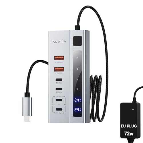 PULWTOP USB C Hub Aktiv mit 72 W Adapter, 6-in-1 USB C 3.2 Hub mit Netzteil, 2 x USB A 10 Gbit/s mit BC1.2(7,5 W), 2 x USB C Gen2 Hub, 2 x PD Aufladung 24 W Max (Not Support-Video und Daten) von PULWTOP