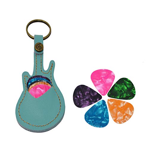 Leder-Gitarrenplektren-Etui, Gitarrenplektrenhalter mit Schlüsselanhänger, Tasche für Gitarrenplektren, Tasche mit 5 Plektren, Geschenk (Hellblau) von PUNK