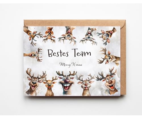 PURESIZE 12er Set Bestes Team Merry-Xmas Rentier Karten für Kollegen und Teams zu Weihnachten, Festliche Grußkarten für Kollegen, Weihnachtskarten Büro & Arbeit – Perfekt für Mitarbeitergeschenke von PURESIZE