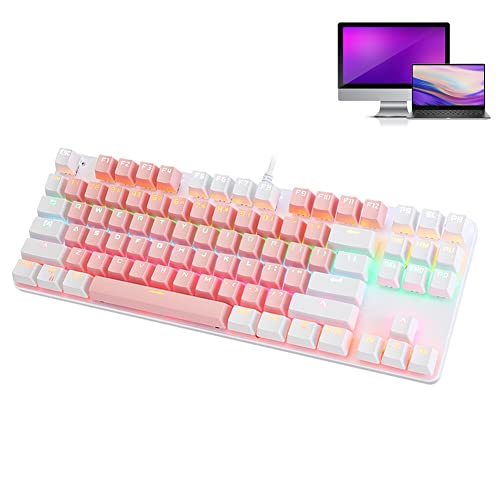 Mechanische rosa Gaming-Tastatur, 87 Tasten verdrahtete USB-Laptop-PC-Tastatur, RGB-Hintergrundbeleuchtung ultrakompakter -Tastatur für das PC-Laptop-Spiel (Pink & White) von PUSOKEI