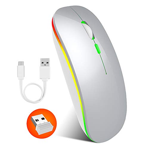 PUSOKEI 2.4G Wireless Mouse, Wiederaufladbare Maus 1600DPI Maus mit Coolem Colourful Cycle Glow, Passend für Windows 98/Me/2000/XP/Vista/Win 7/Win8/10/ Vista OS (Silber) von PUSOKEI