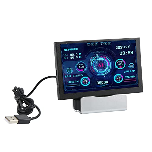 PUSOKEI 5 Zoll IPS USB Bildschirm, PC CPU GPU RAM Datentemperaturmonitor, USB C IPS Vollbetrachtungswinkel PC Sensorpanel Display mit Basis und Hub, für Windows Systeme von PUSOKEI