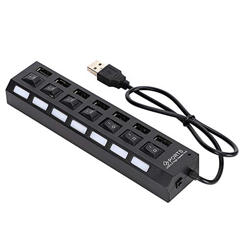 PUSOKEI 7-Port Hub USB-Dockingstation Schwarz 480 MBit/s Multi-Port-USB-Splitter mit Individueller Switch-LED Kompatibel für Alle USB-Geräte (Black-7-Ports) (7 schwarz) von PUSOKEI