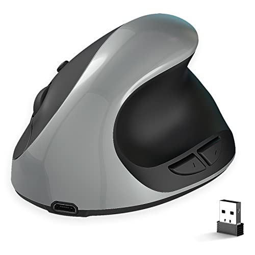 PUSOKEI Ergonomische Maus, Kabellose Vertikale 2,4G Maus, Wiederaufladbare Optische Maus, 800/1600/2400 DPI Einstellbar, 6 Tasten, Karpaltunnelmäuse für Laptop PC Computer (Grau) von PUSOKEI