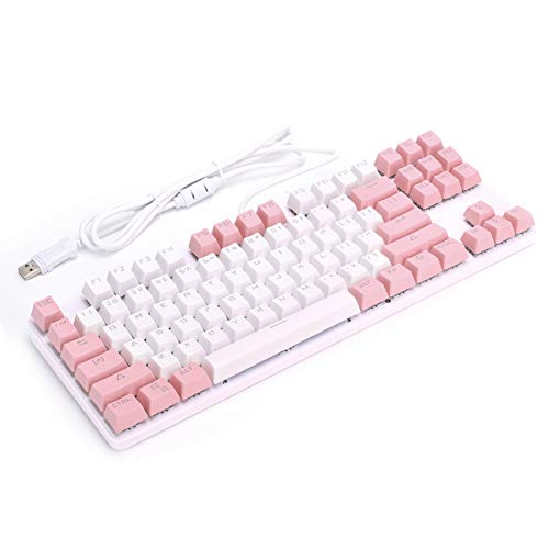PUSOKEI Mechanische Gaming-Tastatur, 87 Tasten Mechanische Tastaturen mit blauem Schalter, kabelgebundene RGB-LED-Tastatur mit Hintergrundbeleuchtung, ergonomische Standardtastatur (weiß mit rosa) von PUSOKEI