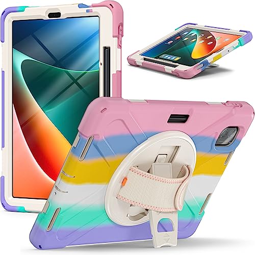 PUSOKEI Multifunktionale, Stoßfeste Tablet Hülle fürMi Pad 5 5 Pro, Drehbarer Ständer, Handschlaufe, Verstellbarer Schultergurt, Präzises Aussparungsdesign (Buntes Rosa) von PUSOKEI