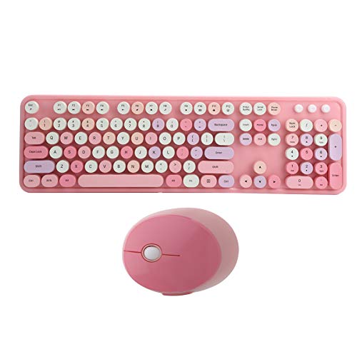 Retro Tastatur Maus Set - Schreibmaschinen-Tastatur Wireless, Retro Desktop Round Funktastatur, 104 Tasten Tastatur 1600 DPI Maus Combo, Runde Tastenkappe, für Windows PC(Rosa) von PUSOKEI