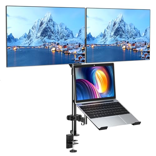 PUTORSEN Monitor Halterung 2 Monitore mit Laptop Arm für 17-32 Zoll Bildschirm bis zu 17“ Notebook, Neigbare Drehbare Monitor Laptop Halterung Schreibtisch mit Klammer, VESA 75x75/100x100mm von PUTORSEN