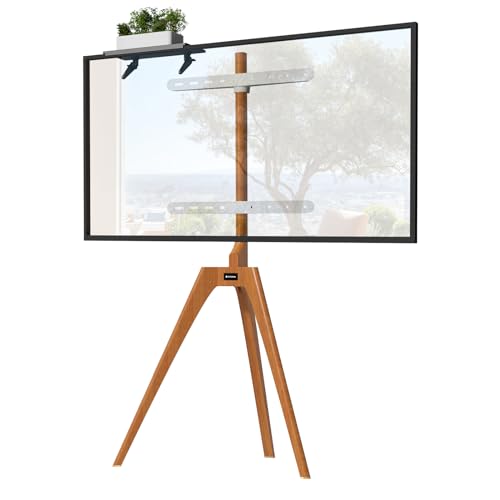 PUTORSEN TV Ständer im Staffelei Design für TV 45-65 Zoll, TV Stativ Buchenholz mit Medienablage, 45 Grad schwenkbar, max. VESA 400 x 400 mm und Belastung bis 40KG von PUTORSEN