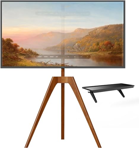 PUTORSEN TV Ständer im Staffelei Design für TV 45-65 Zoll, TV Stativ Buchenholz mit Medienablage, 45 Grad schwenkbar, max. VESA 400 x 400 mm und Belastung bis 40KG von PUTORSEN