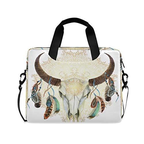 PUXUQU Ethnisch Stier Schädel Feder Laptoptasche 15.6 Zoll Laptop Tasche Aktentasche Hülle Notebooktasche Handtasche Schulter Tasche für Uni Arbeit Business von CMMT